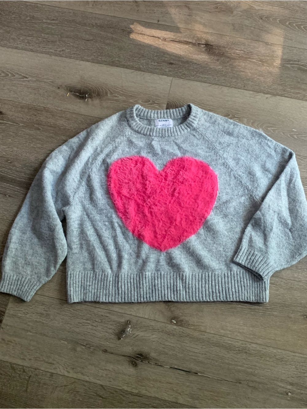 Girls Old Navy Gray With Pink Heart Pullover Knit Casual Sweater Size L